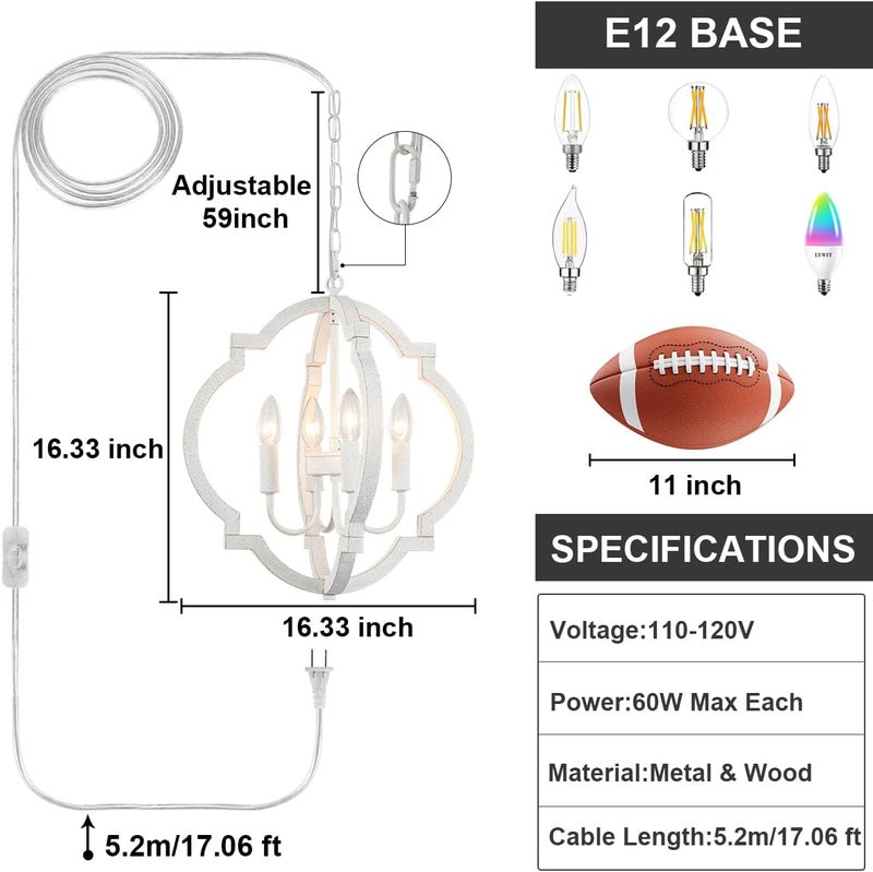 LASENCHOO Plug in White Farmhouse Chandelier Lighting with Long Cord, 4-Light Hanging Light Fixture Plug in Pendant Light for Ceiling, Wood Rustic Geometric Chandeliers for Dining Room Gazebo Outdoor - Image 5